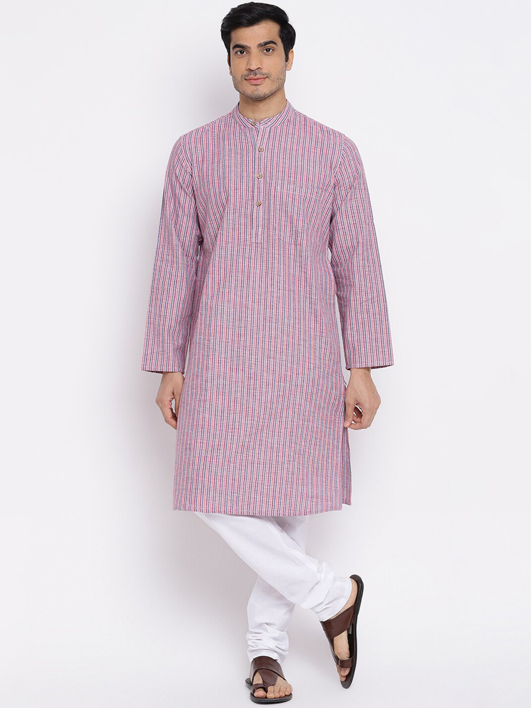 Fabindia Men Purple & Blue Striped Cotton Kurta
