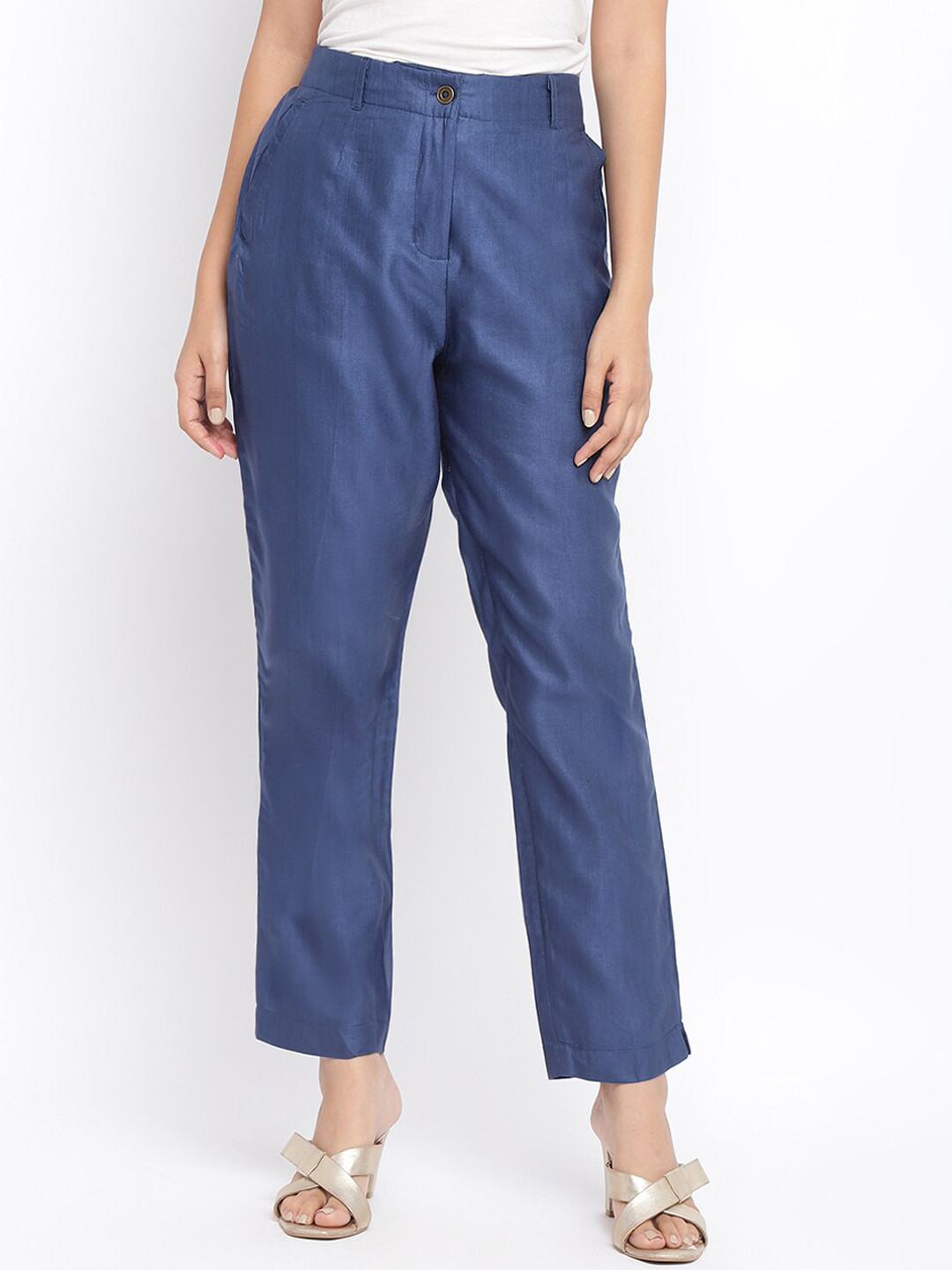 Fabindia Women Navy Blue Slim Fit Formal Trousers