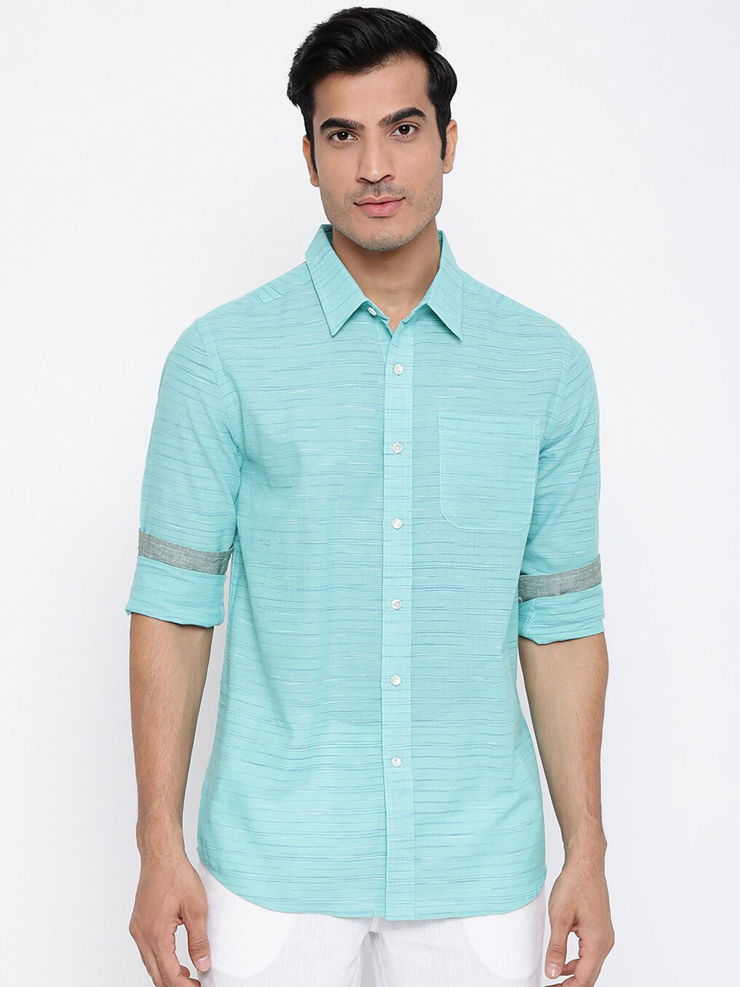 Fabindia Men Turquoise Blue Horizontal Stripes Striped Casual Shirt