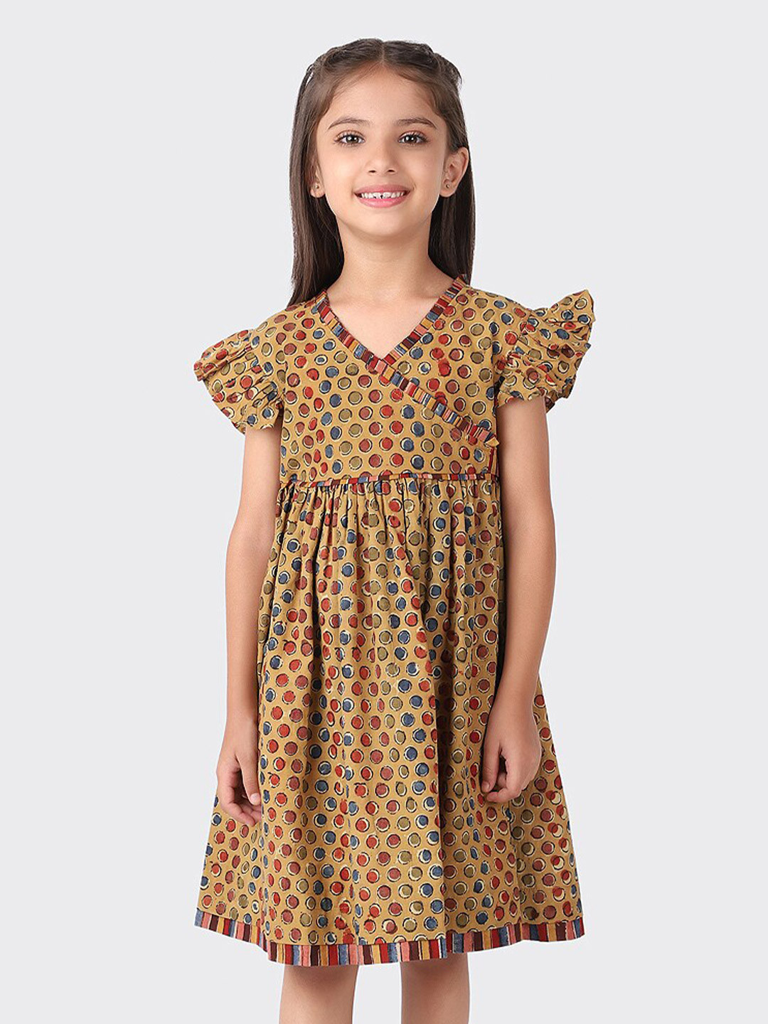 Fabindia Girls Brown & Blue Cotton Fit And Flare Dress