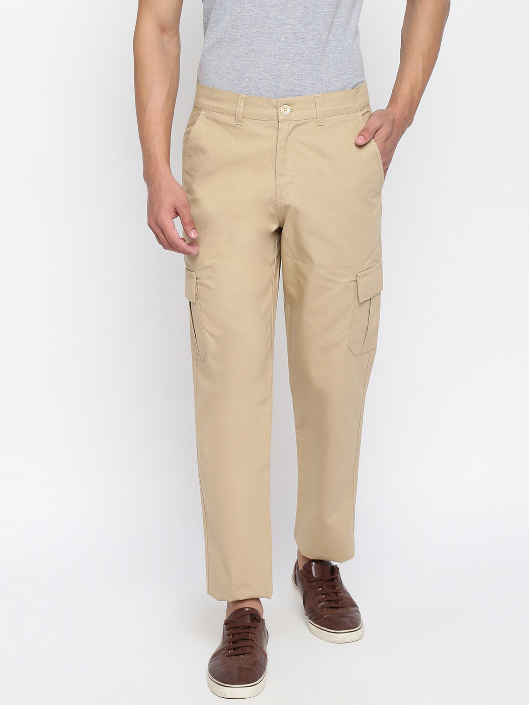 Fabindia Men Beige Easy Wash Regular Fit Solid Cotton Cargos Trousers