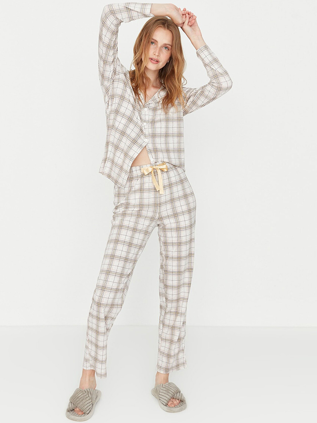 Trendyol Women Beige Checked Night suit
