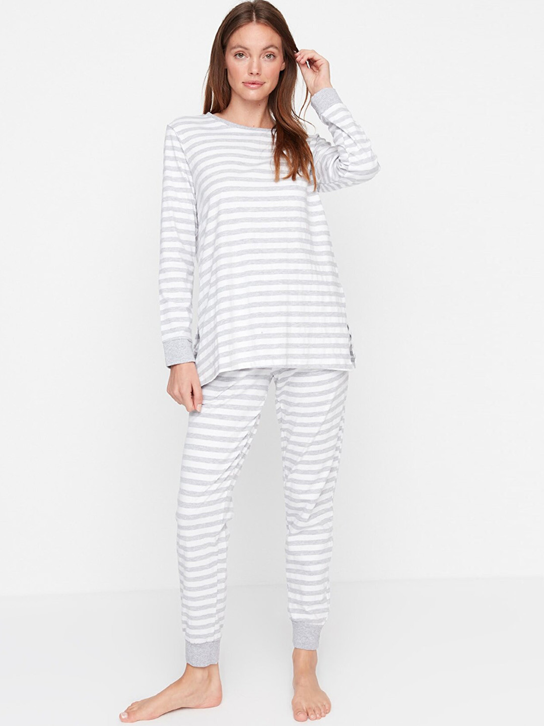 Trendyol Women Grey & White Cotton Striped Night Suit 92989839
