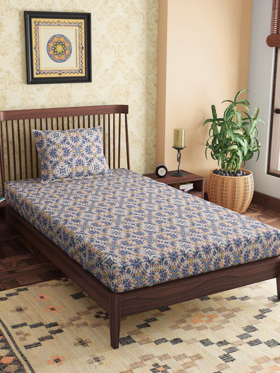 PETAL HOME Alhambra Blue Abstract Cotton Skin-Friendly 300 TC Single Fine Bedsheet with a Pillow Cover-60 x 90 inches