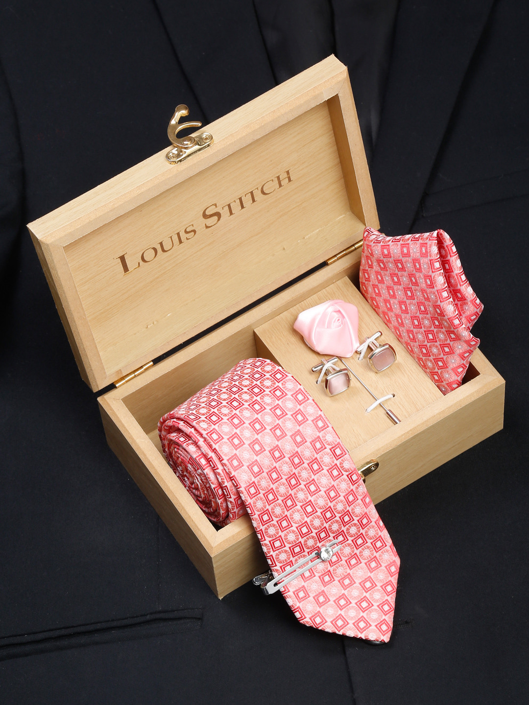 LOUIS STITCH Men Salmon Peach Italian Silk Necktie Accessory Gift Set