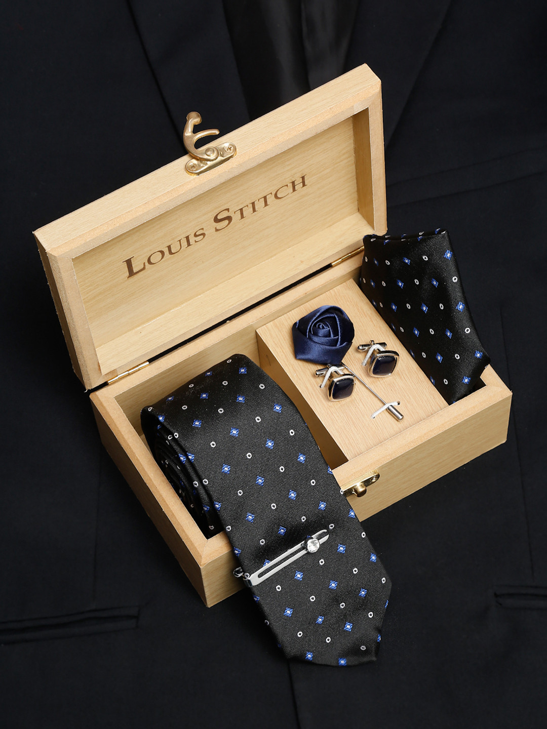 LOUIS STITCH Men Metal Black Italian Silk Necktie Accessory Gift Set