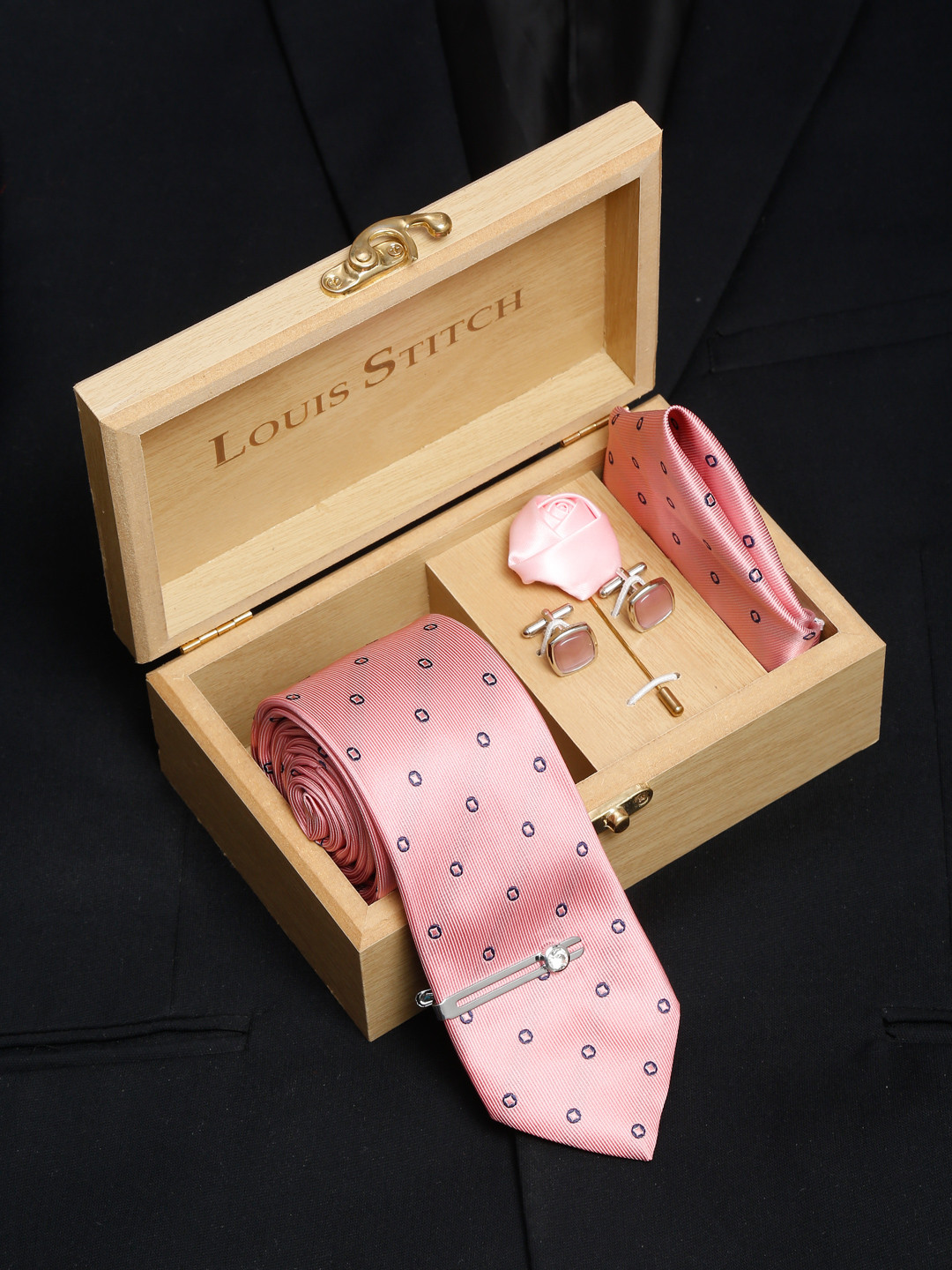 LOUIS STITCH Men Apricot Peach Italian Silk Necktie Accessory Gift Set