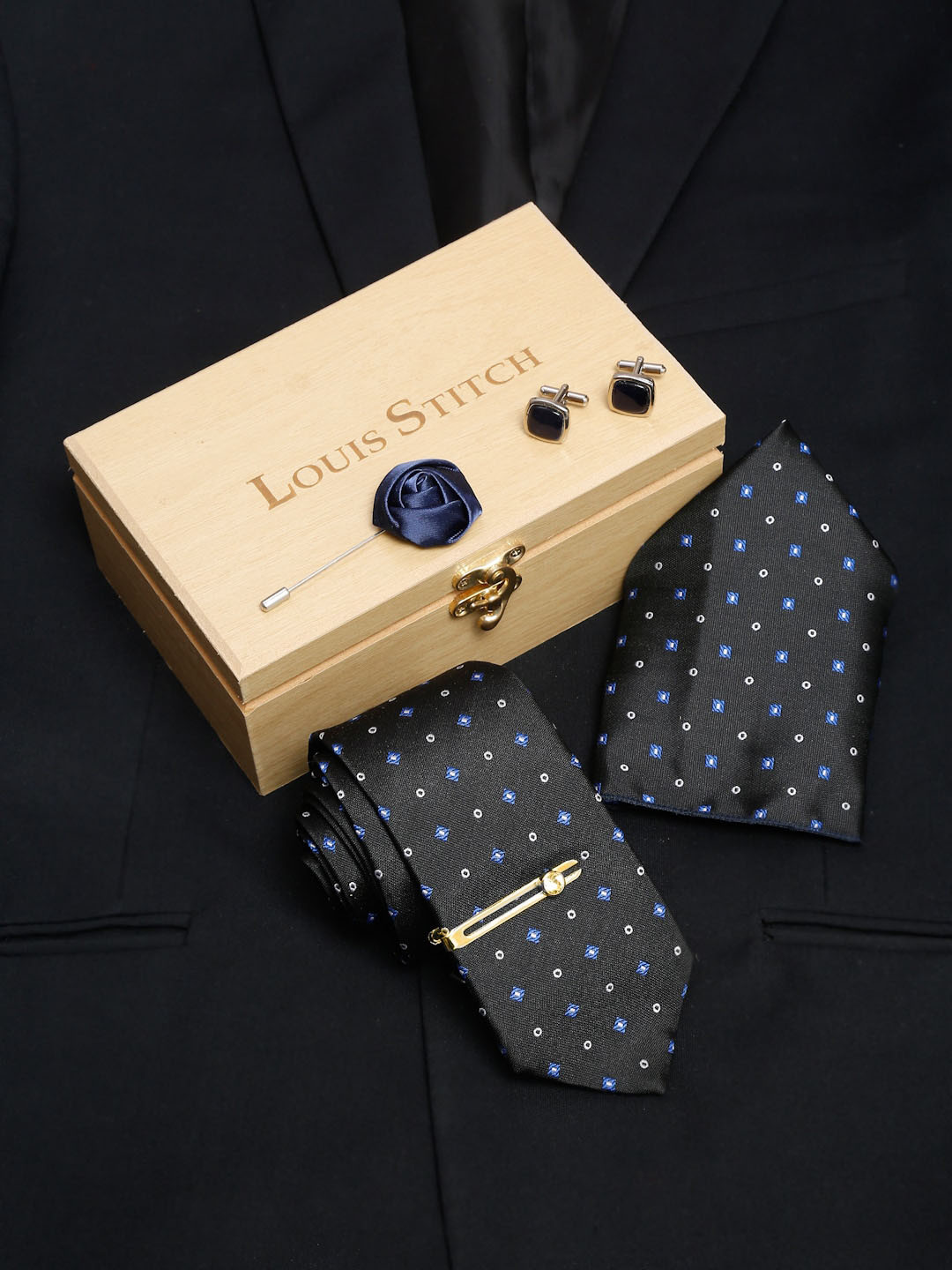 LOUIS STITCH Men Metal Black Italian Silk Necktie Accessory Gift Set