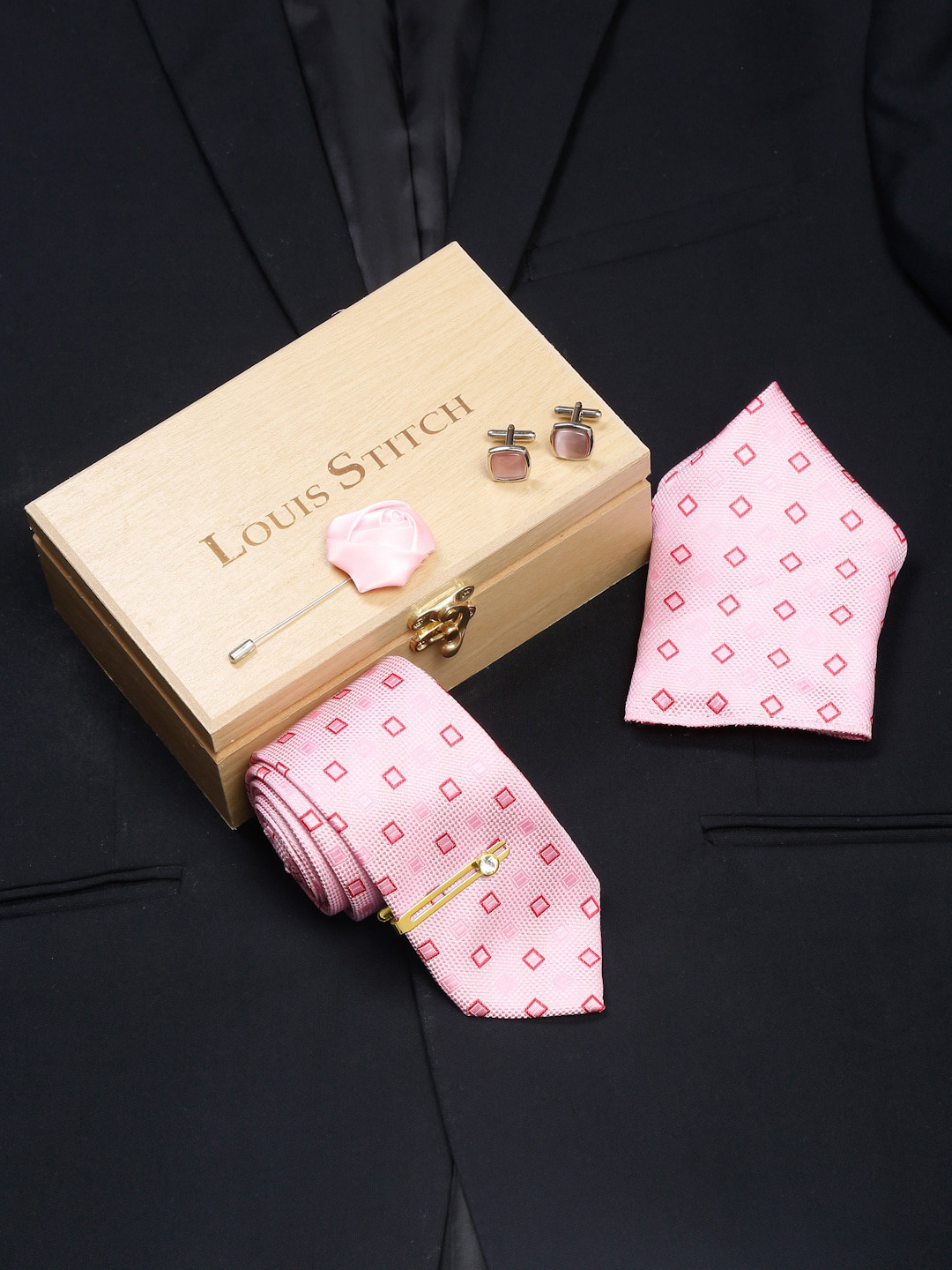 LOUIS STITCH Men Blush Peach Italian Silk Necktie Accessory Gift Set