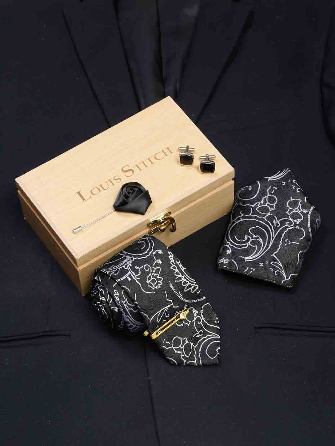 LOUIS STITCH Men Onyx Black Italian Silk Necktie Accessory Gift Set