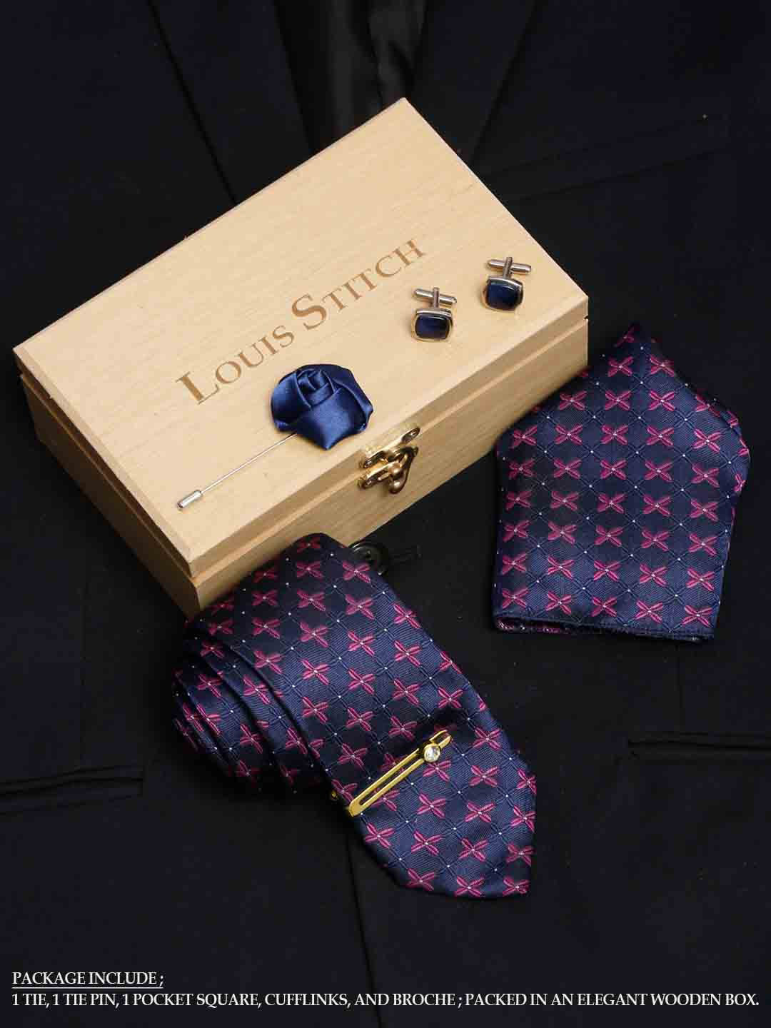 LOUIS STITCH Men Indigo Blue Italian Silk Necktie Accessory Gift Set