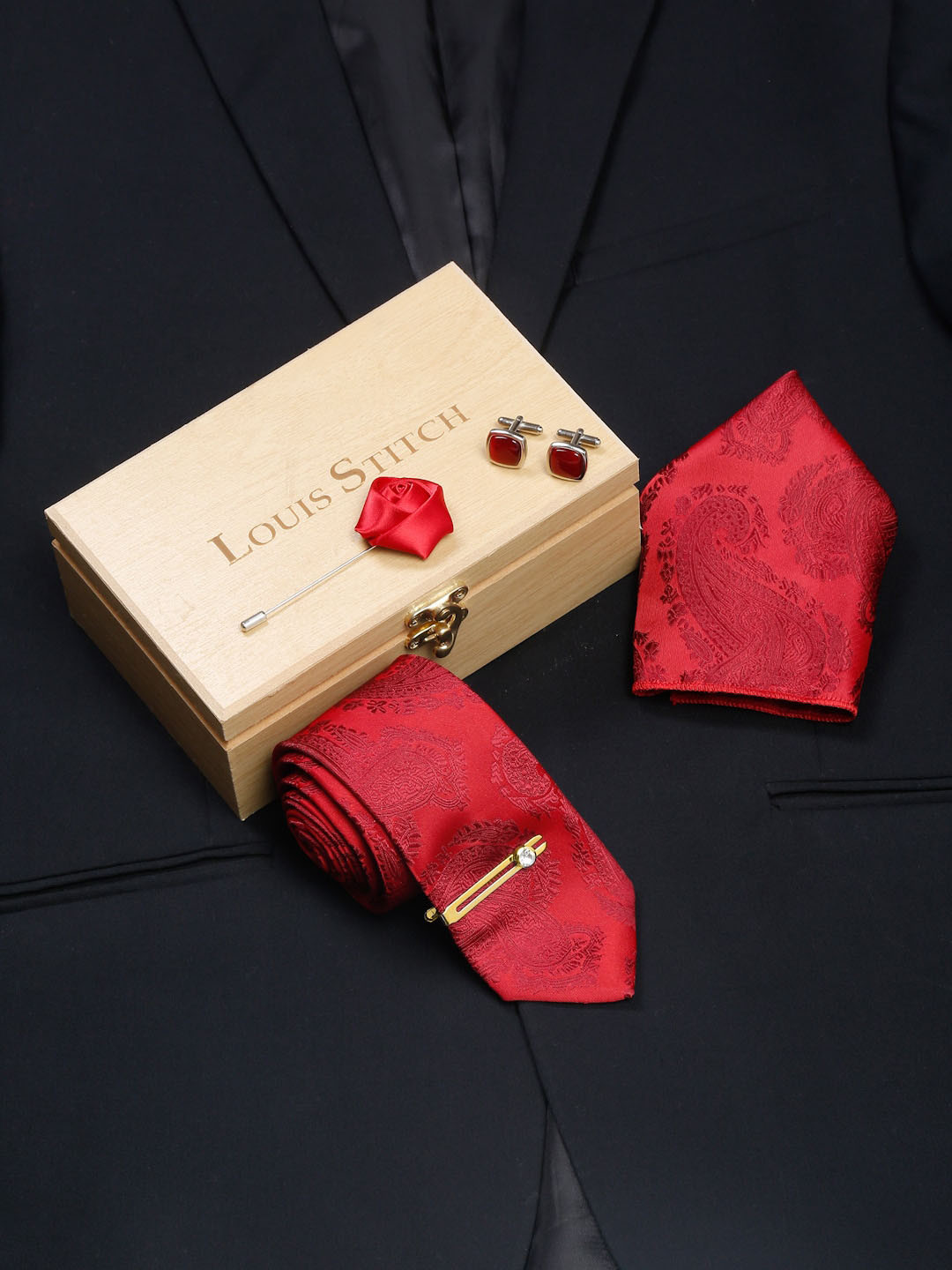 LOUIS STITCH Men Scarlet Red Italian Silk Necktie Accessory Gift Set