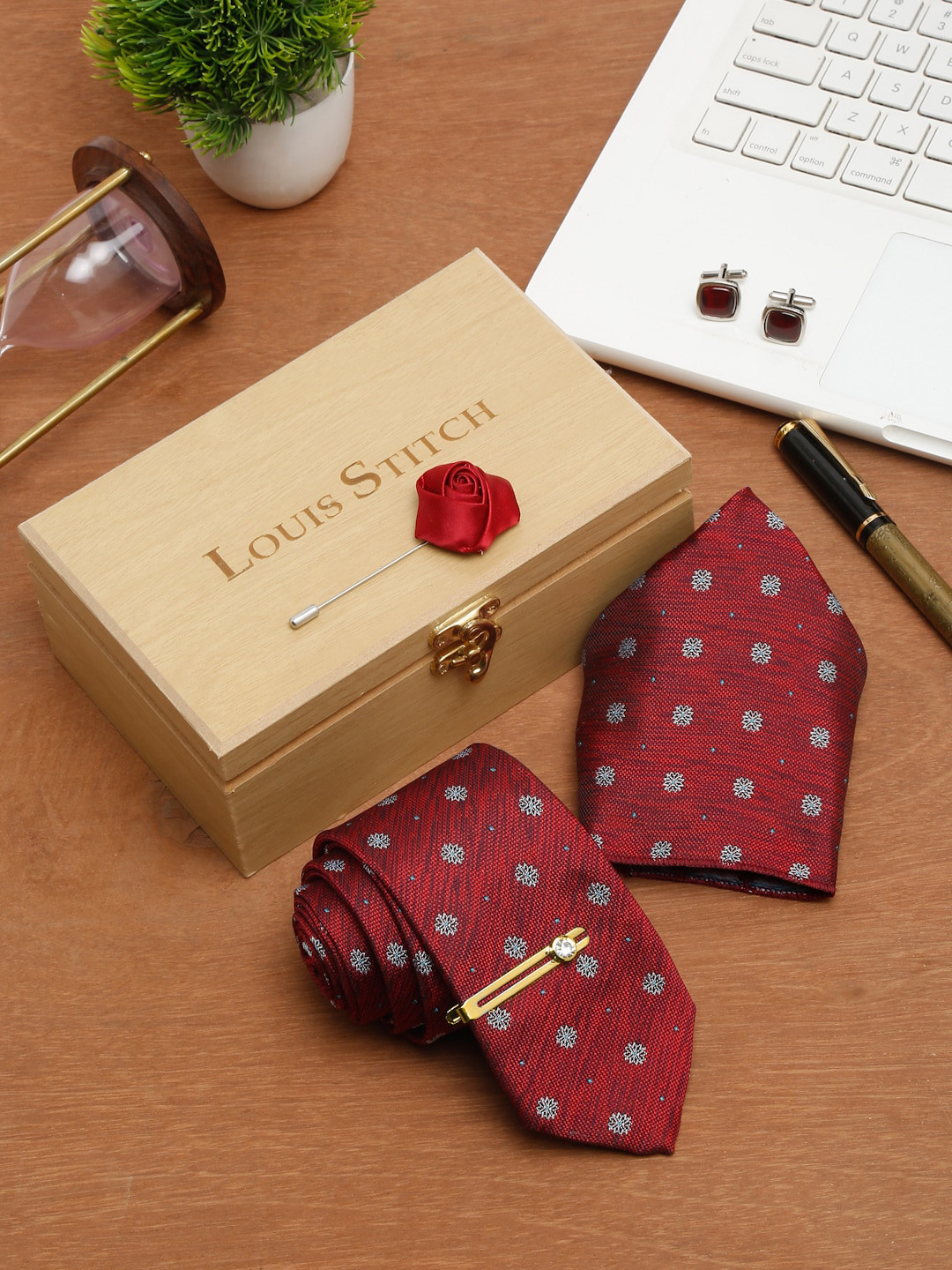 LOUIS STITCH Men Rosewood Italian Silk Necktie Accessory Gift Set