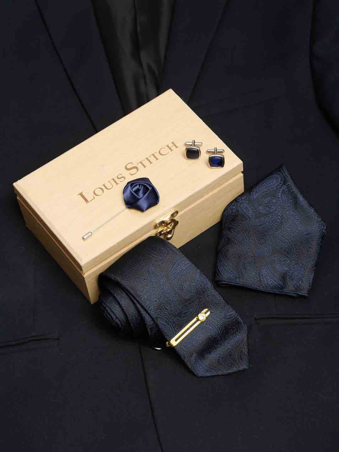 LOUIS STITCH Men Space Blue Italian Silk Necktie Accessory Gift Set