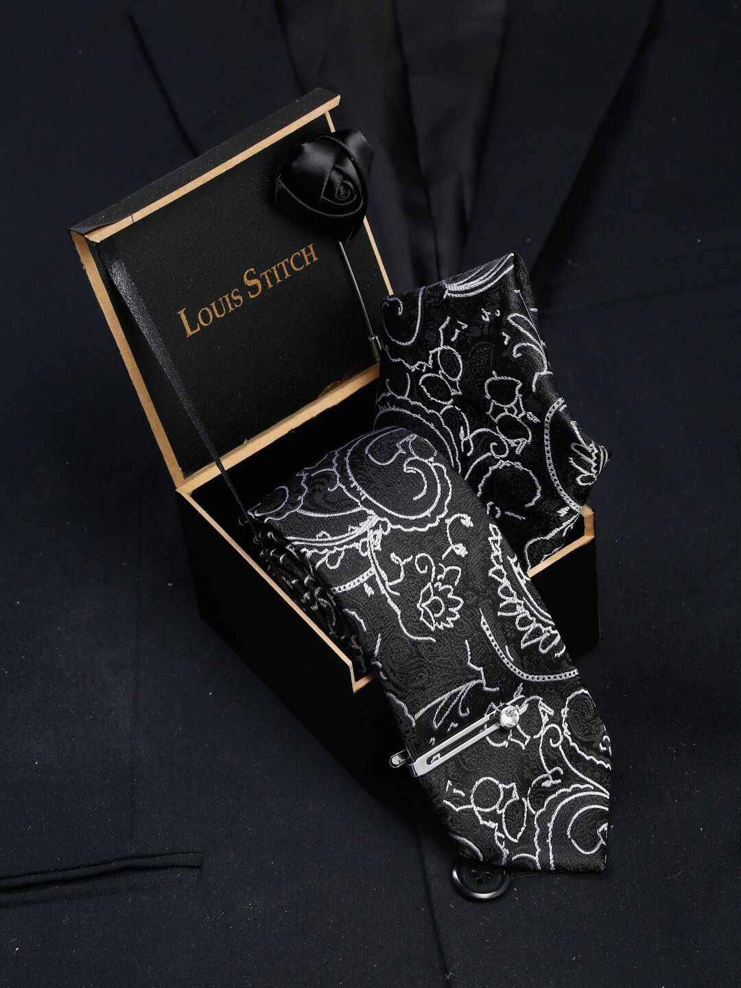 LOUIS STITCH Men Onyx Black Italian Silk Necktie Accessory Gift Set