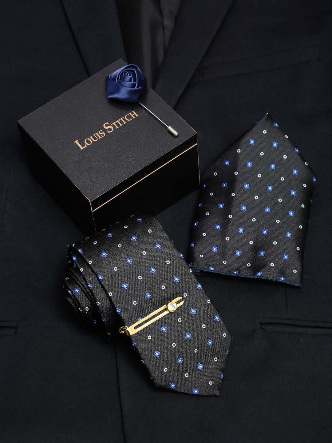 LOUIS STITCH Men Metal Black Italian Silk Necktie Accessory Gift Set
