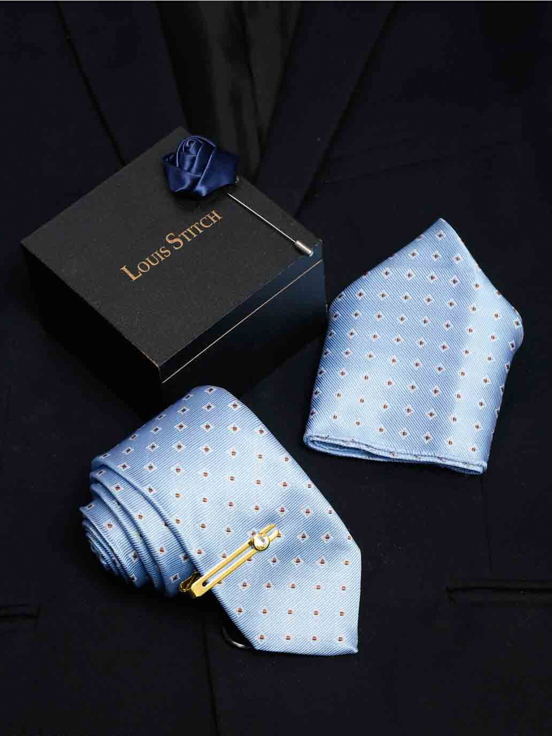 LOUIS STITCH Men Baby Blue Italian Silk Necktie Accessory Gift Set