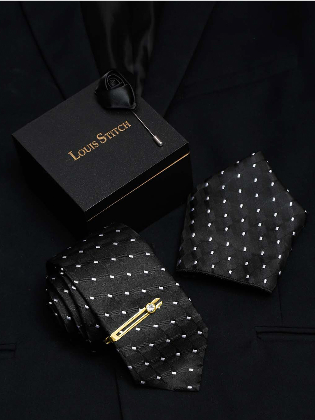 LOUIS STITCH Men Raven Black Italian Silk Necktie Accessory Gift Set