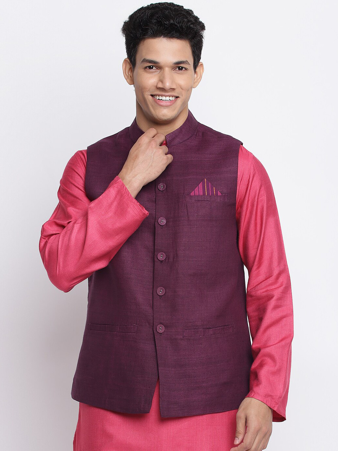 Fabindia Men Purple Solid Pure Silk Nehru Jacket