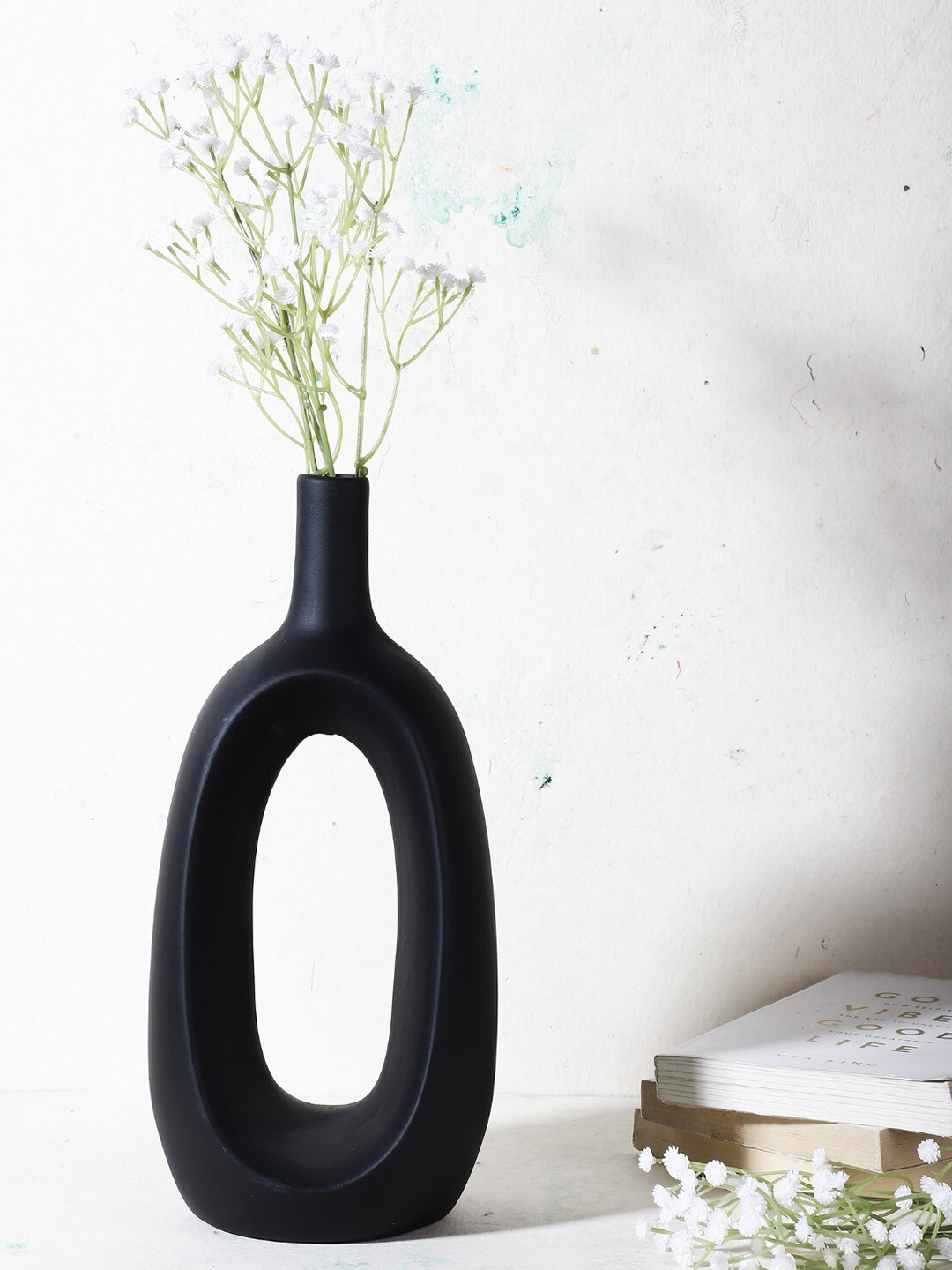 The Decor Mart Black Solid Ceramic Hollow Vase