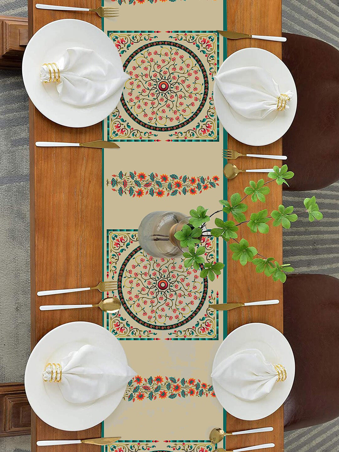 homewards Cream-Coloured & Green Printed Poly Canvas Rectangular Table Runner