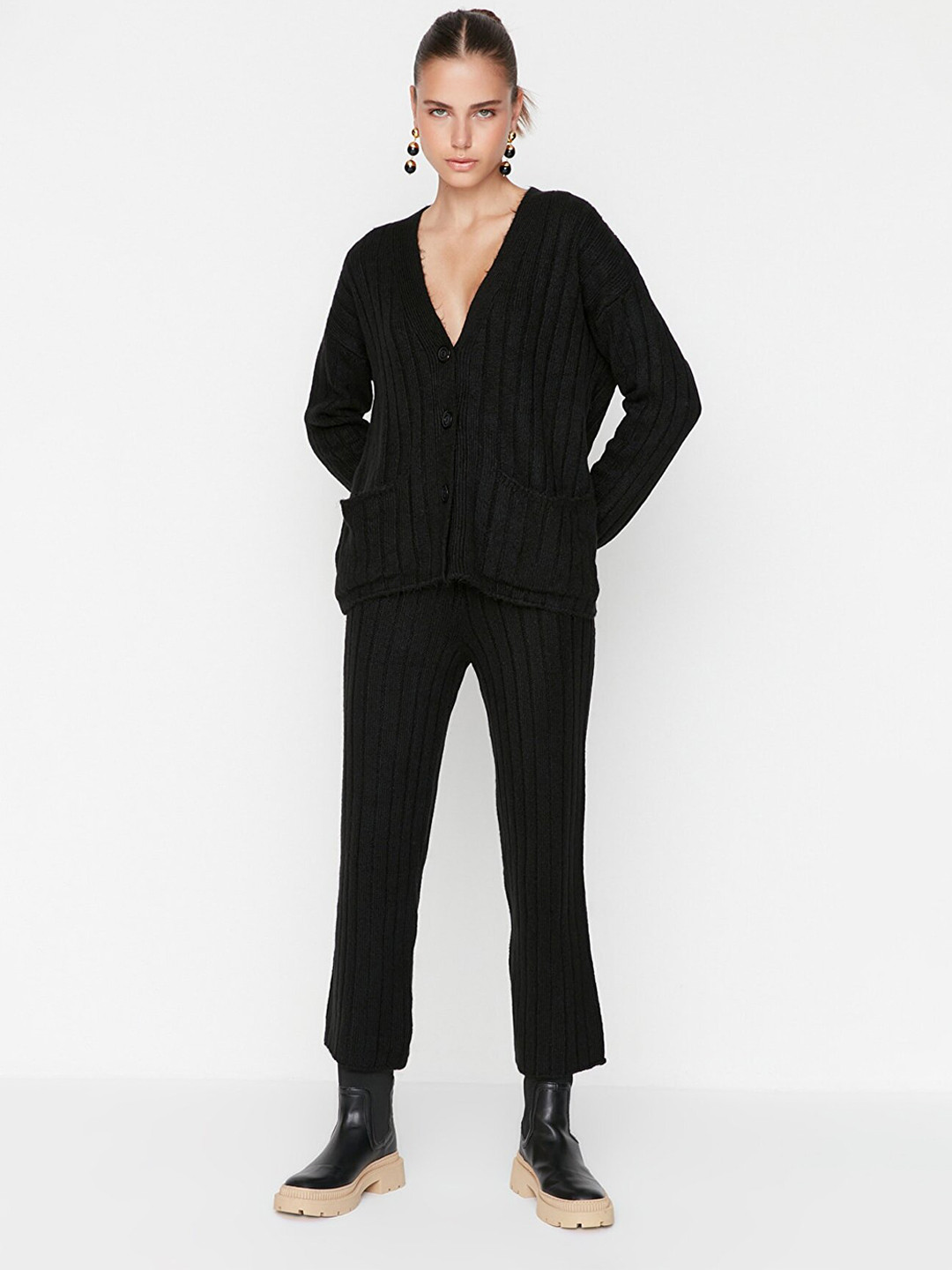 Trendyol Women Black Sweater with Trousers Co-Ords Set
