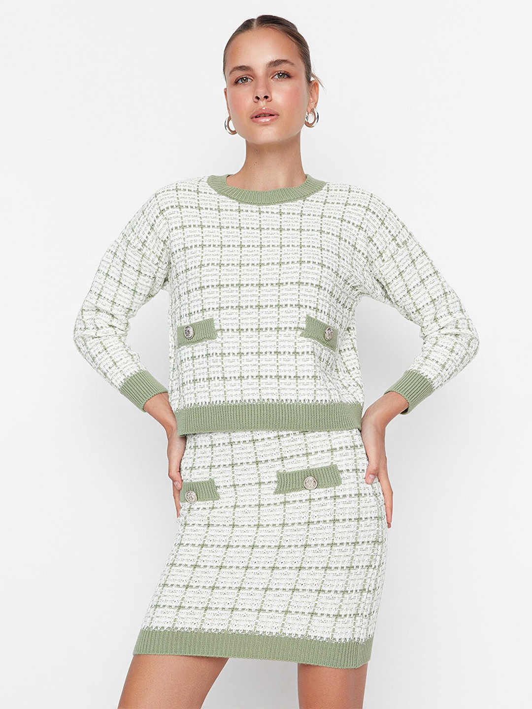 Trendyol Woman Mint Green & White Checked Pure Cotton Skirt & Top
