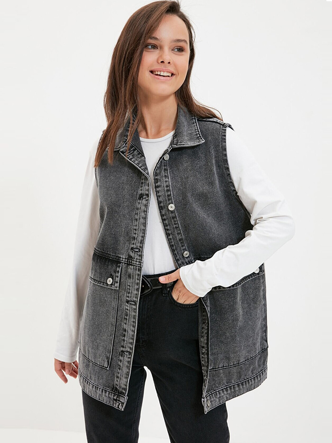 Trendyol Lapel Collar Sleeveless Longline Pure Cotton Denim Jacket