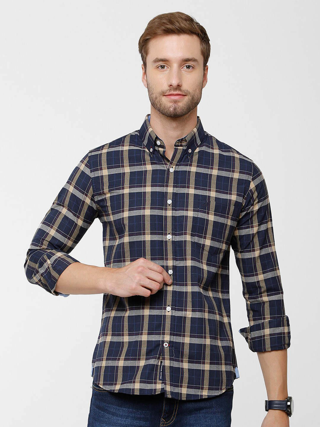 Double Two Men Navy Blue & Beige Slim Fit Checked Casual Shirt