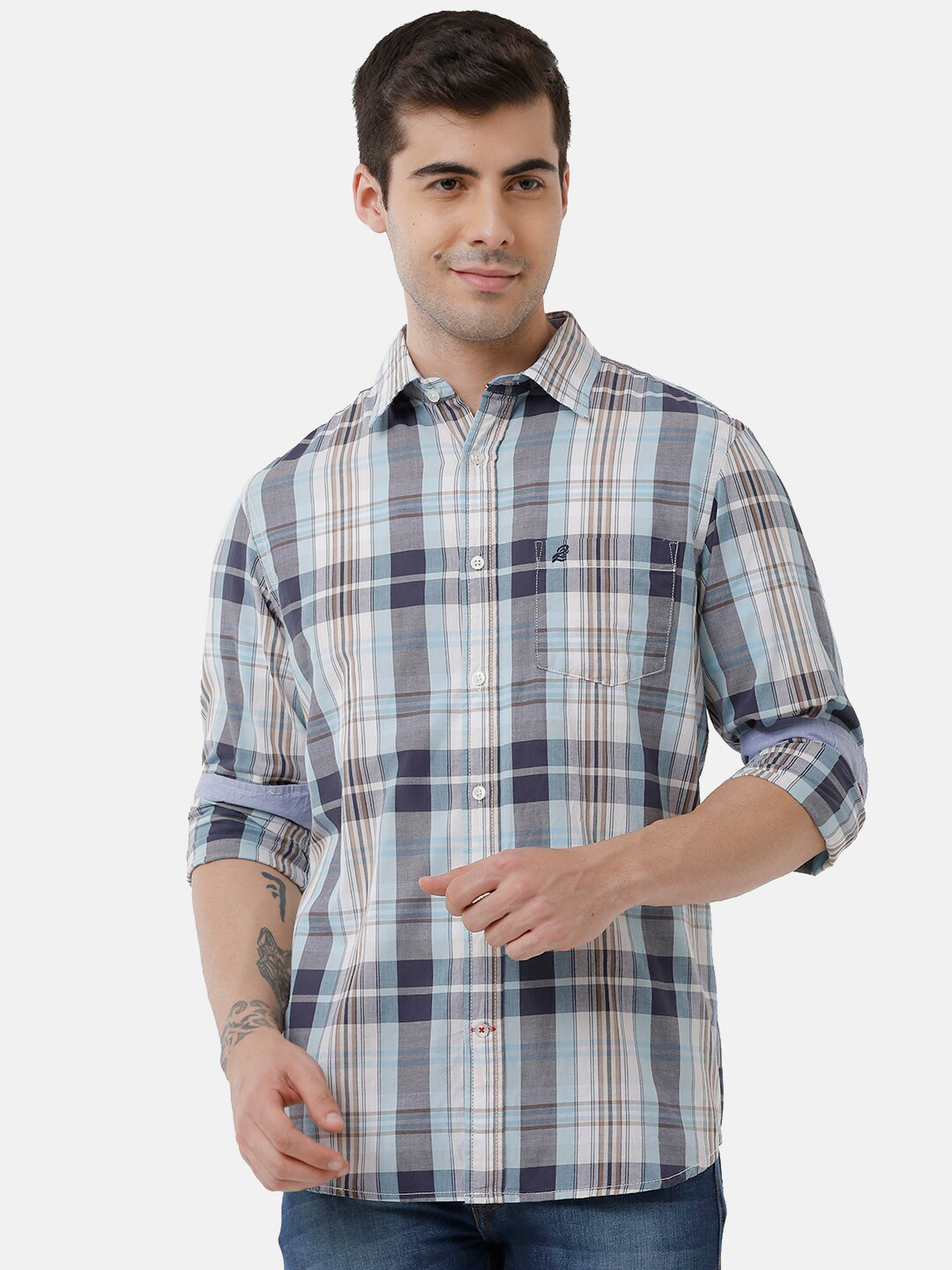 Double Two Men Blue Slim Fit Tartan Checks Checked Casual Shirt