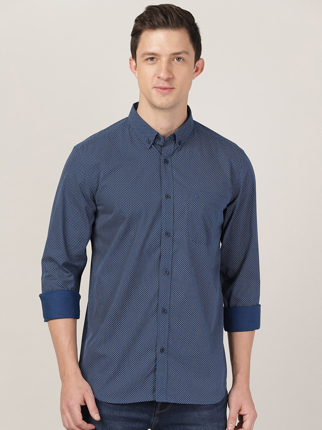 MERCHANT MARINE Men Navy Blue Classic Micro Checks Printed Slim Fit Cotton Casual Shirt