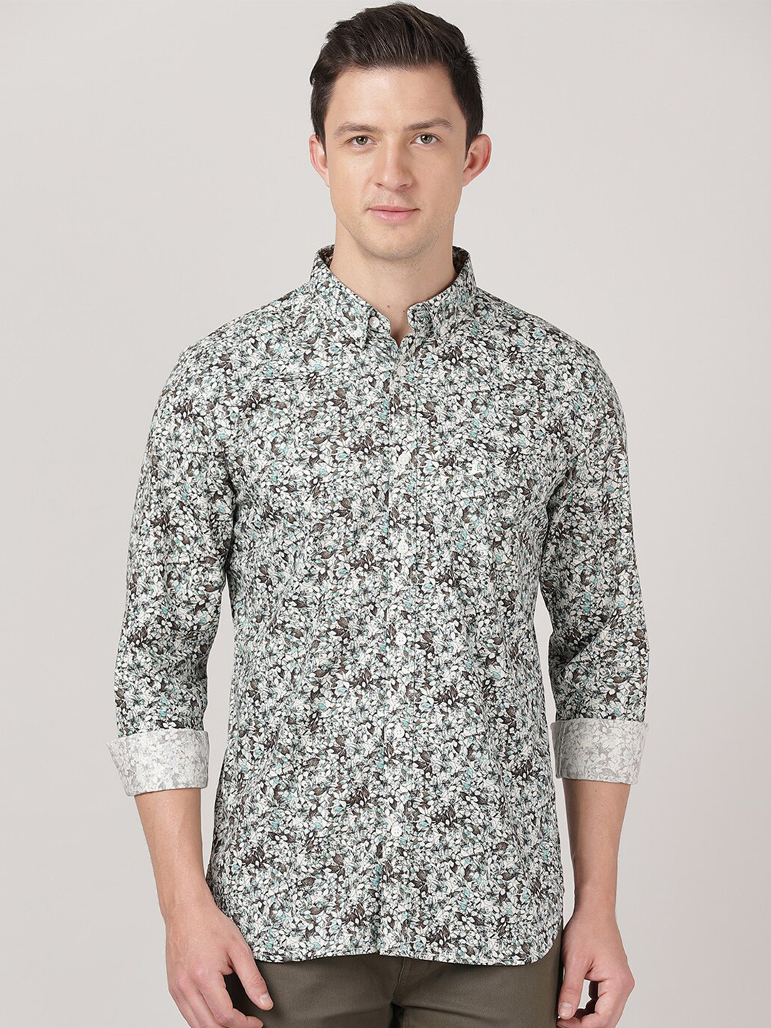 MERCHANT MARINE Men Brown & White Slim Fit Floral Printed Cotton Casual Shirt