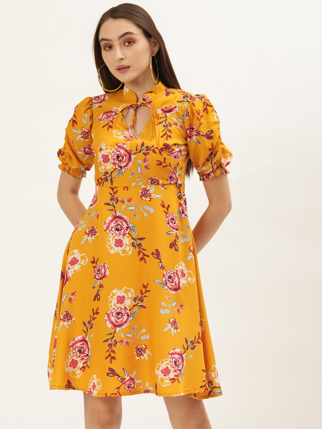 U&F Mustard Floral Keyhole Neck A-Line Dress
