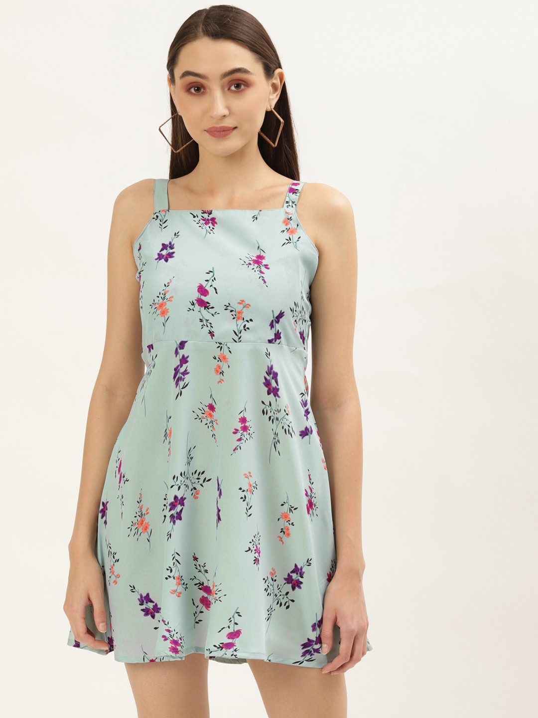 U&F Turquoise Blue Floral A-Line Mini Dress