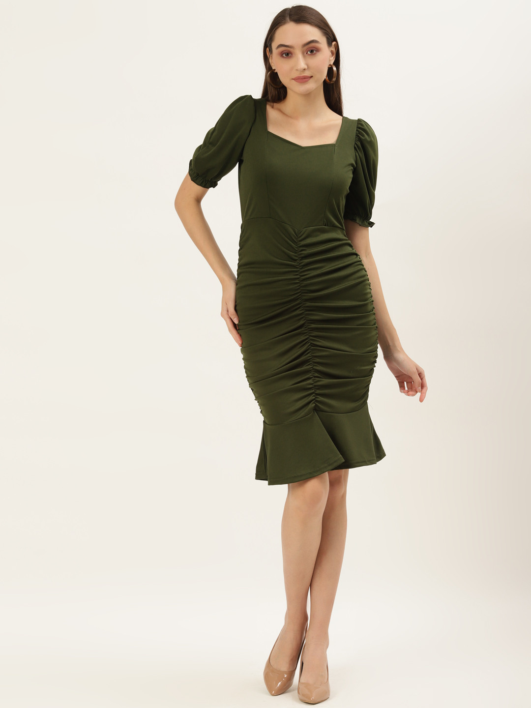U&F Olive Solid Bodycon Dress