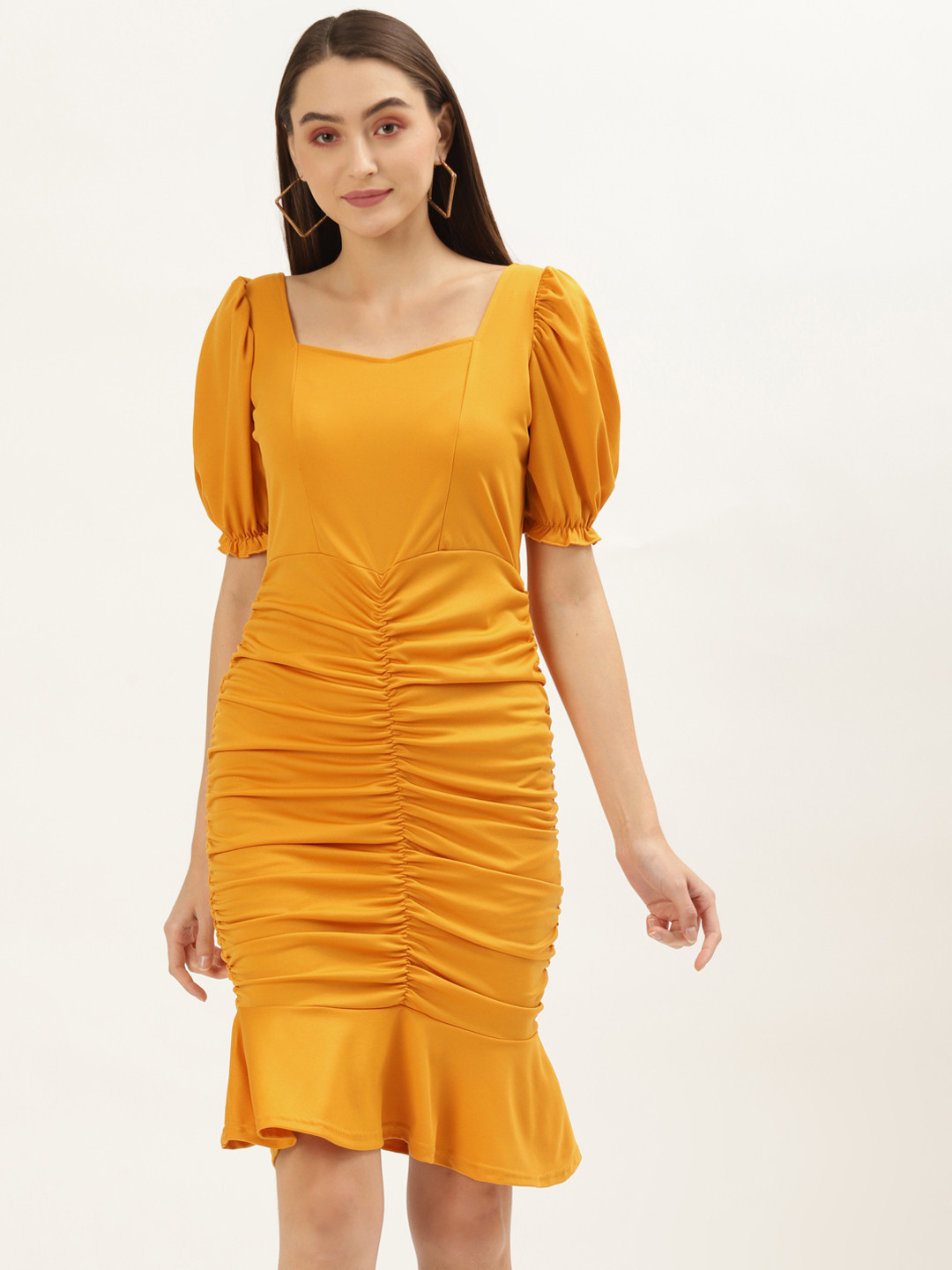 U&F Mustard Solid Bodycon Dress