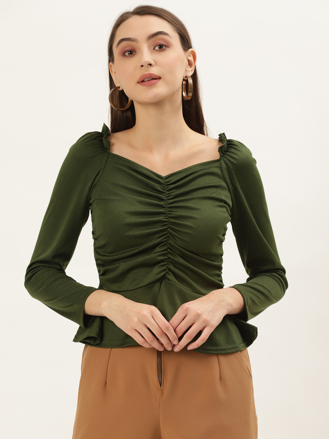 U&F Olive Green Sweetheart Neck Peplum Top