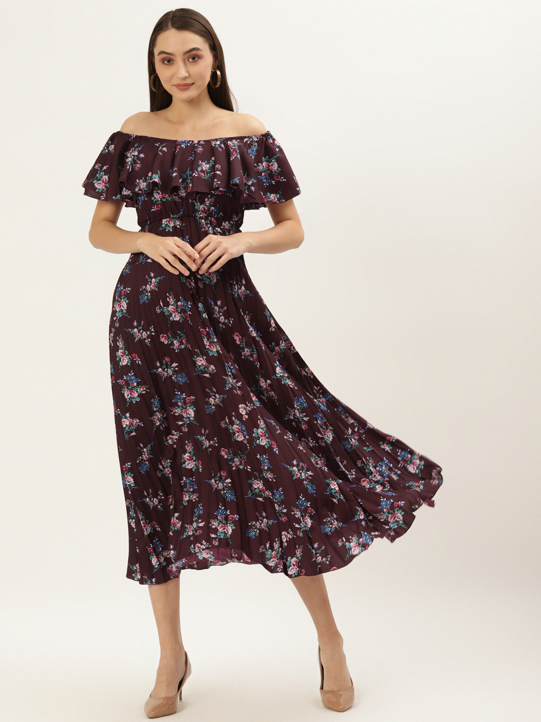U&F Maroon Floral Off-Shoulder Crepe Midi Dress
