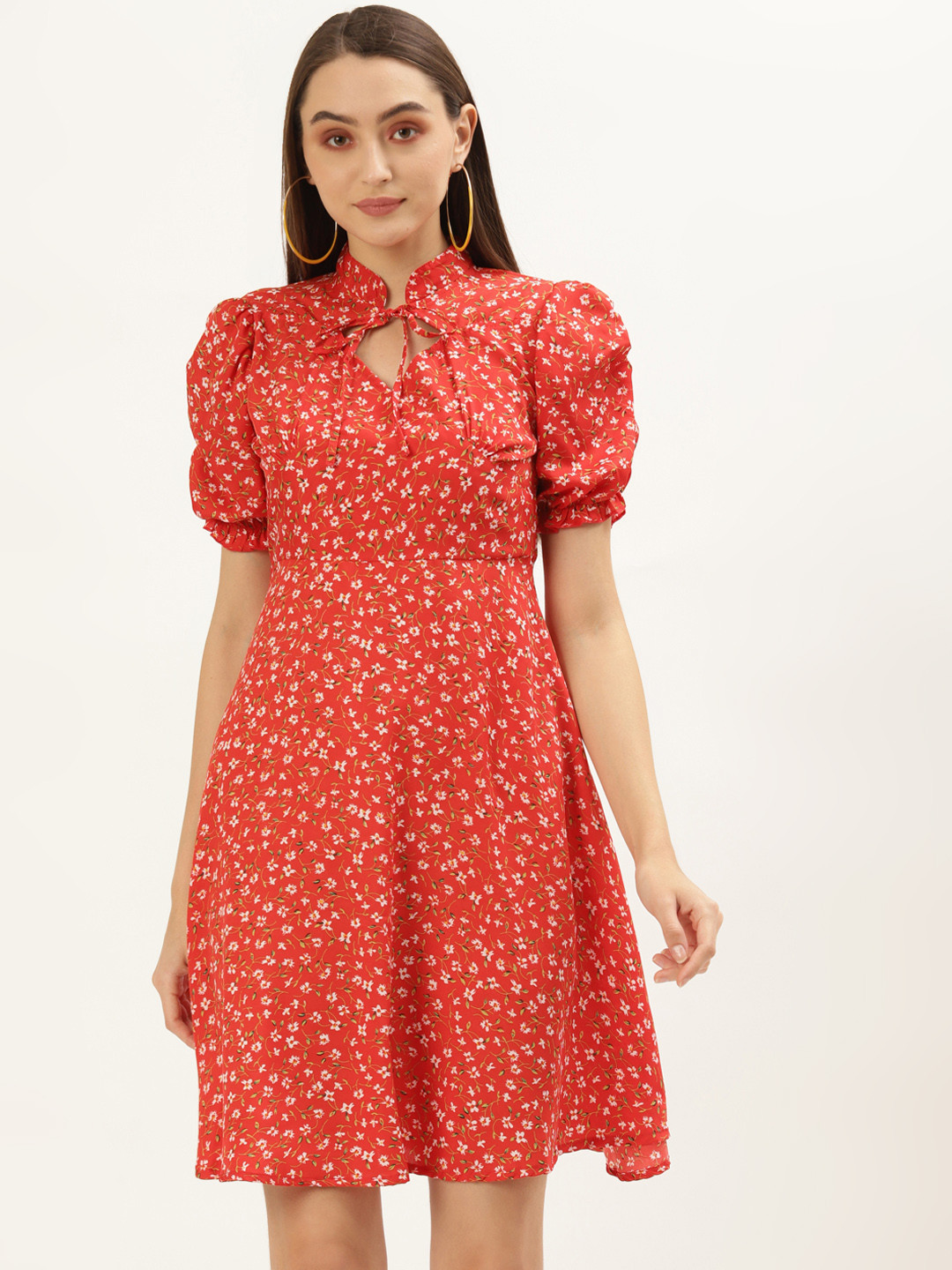 U&F Red Floral Keyhole Neck A-Line Dress