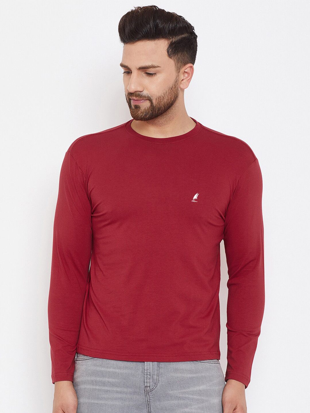 HARBOR N BAY Men Burgundy Solid Slim Fit Cotton T-shirt