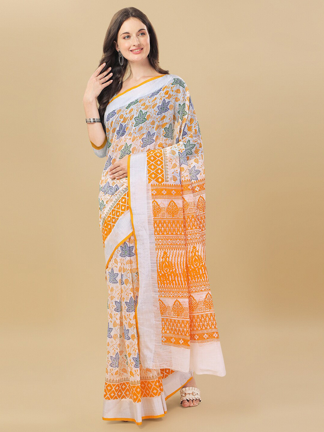 Sidhidata Orange & Silver-Toned Floral Chanderi Saree