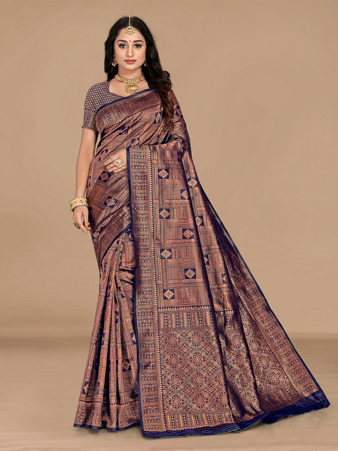 Sidhidata Navy Blue & Copper-Toned Ethnic Motifs Zari Silk Blend Banarasi Saree