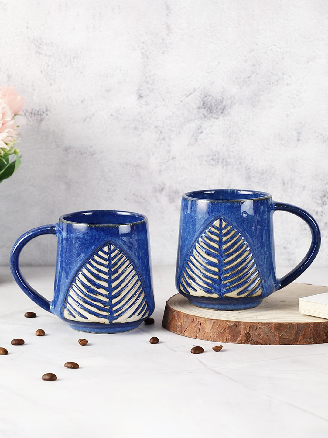 The Decor Mart Magique by the Wishing Chair: Kalahari Blue Leaf Ceramic Microwave Safe 2 Piece Mugs-430ml
