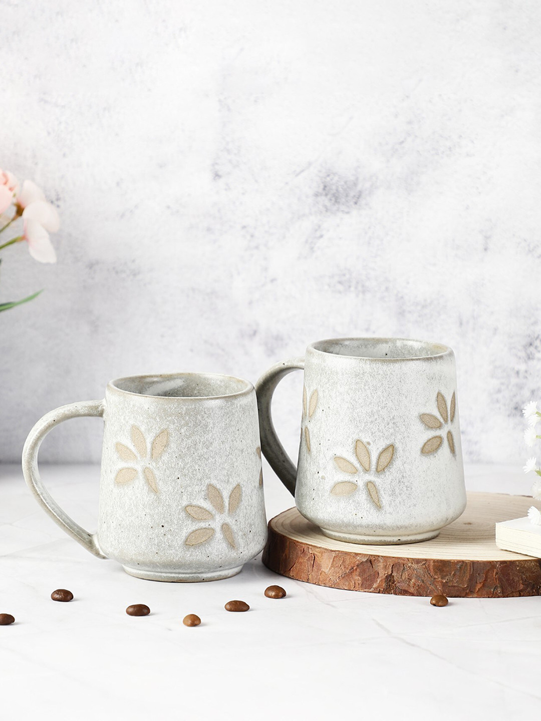 The Decor Mart Rakshabandhan Gift Beige Floral Ceramic Microwave Safe 2 Piece Mugs-400ml