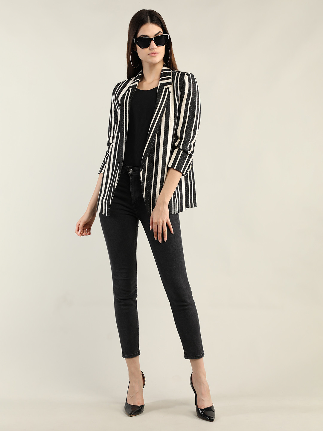 Dlanxa Women Black & Beige Striped Over Coat