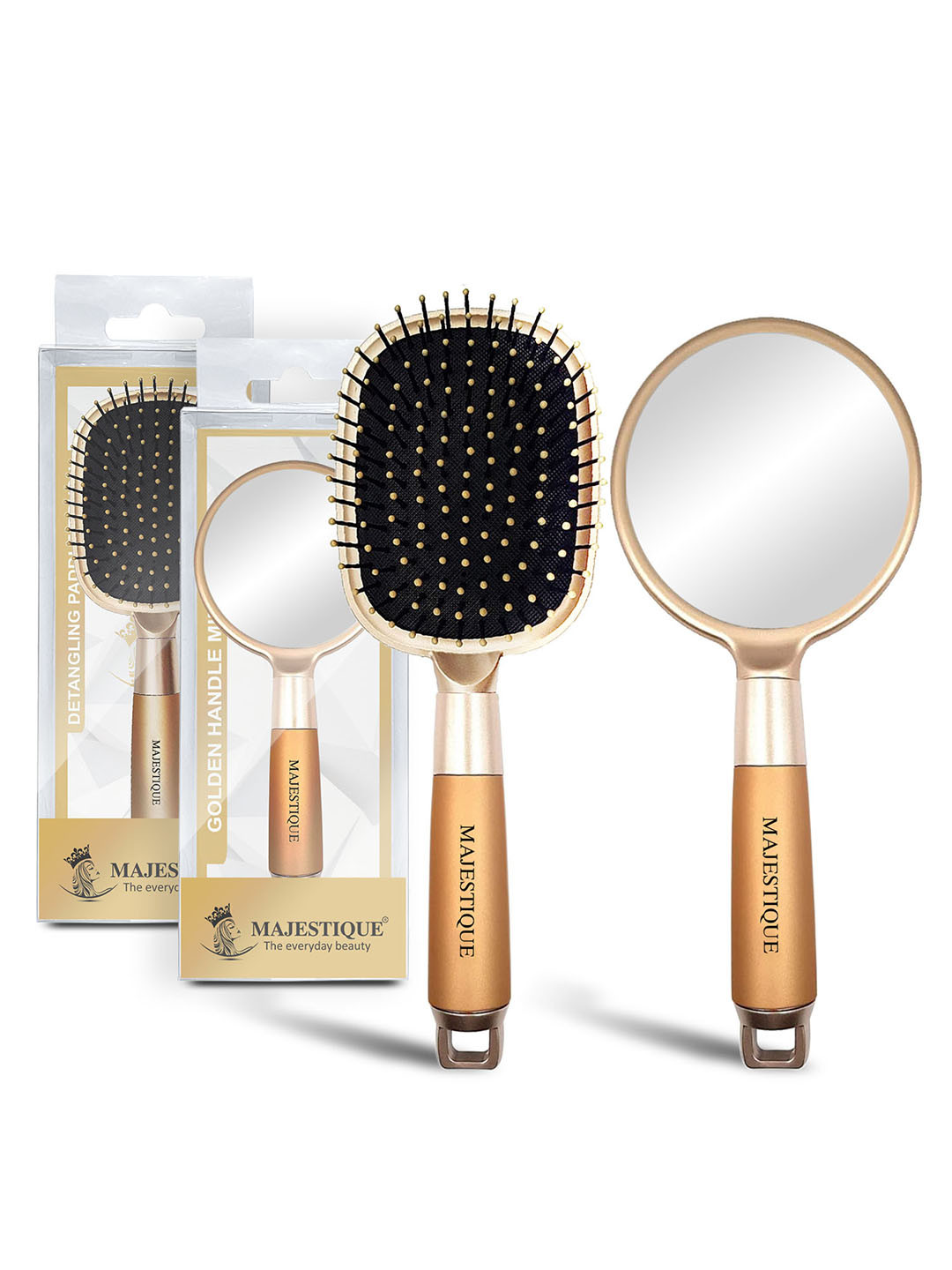 MAJESTIQUE Set Of 2 Finesse Single Side Make-Up Handheld Mirror With Flat Hair Brush.