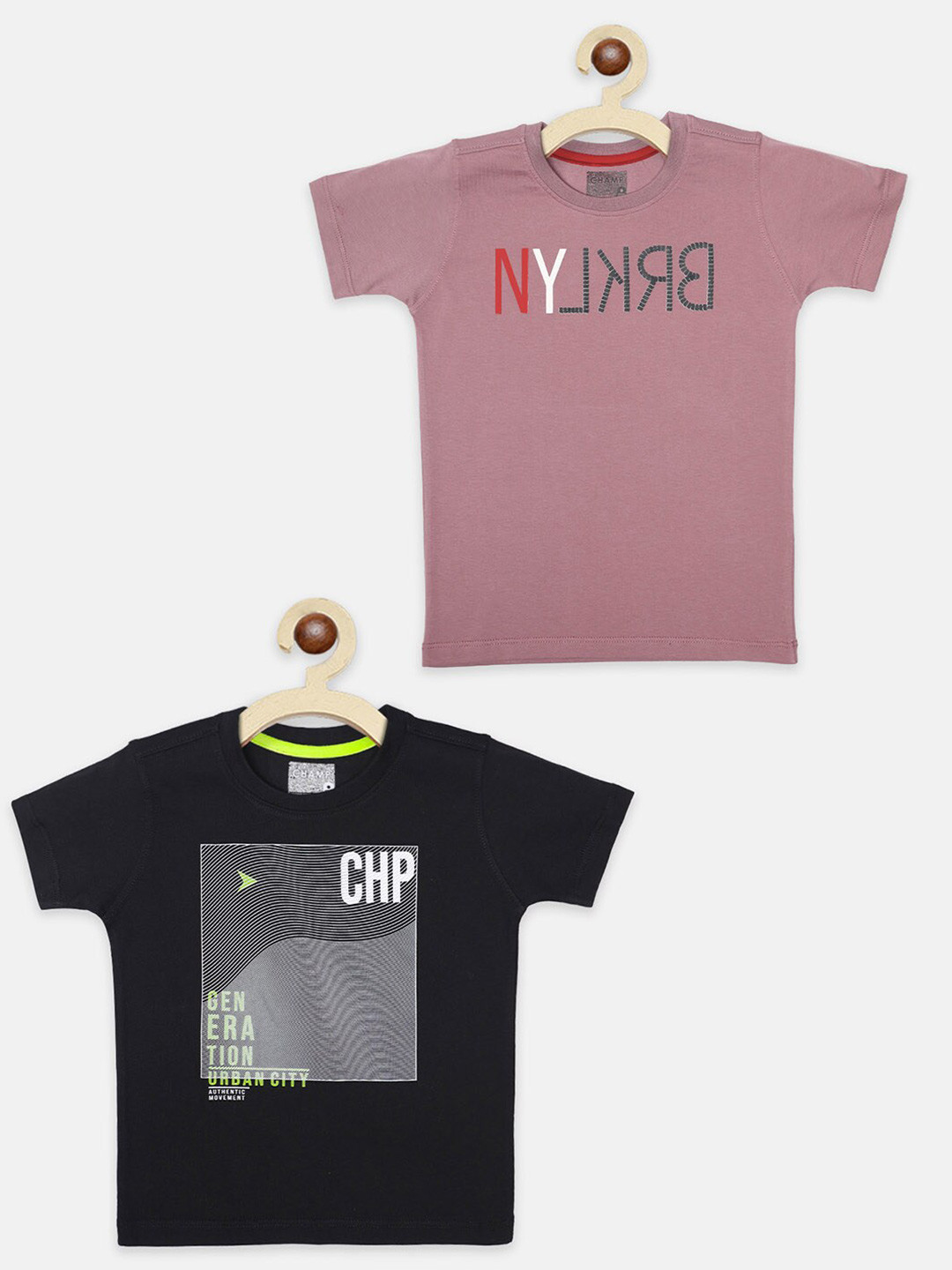 AXM CHAMP Boys Pack of 2 Mauve & Black Typography Printed Cotton T-shirt