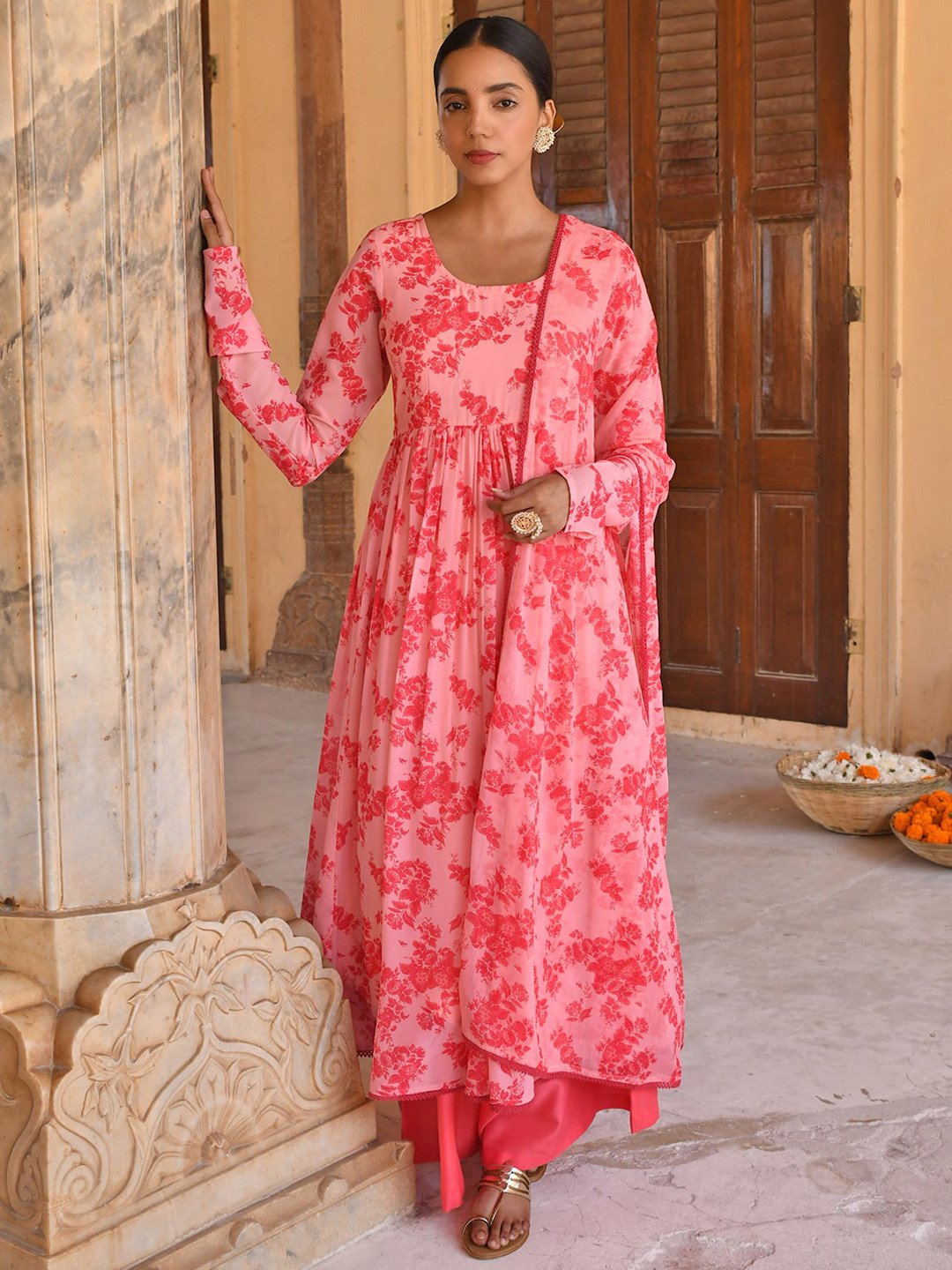 Janasya Women Peach Georgette Floral Print Kurta with Flared Palazzo and Dupatta