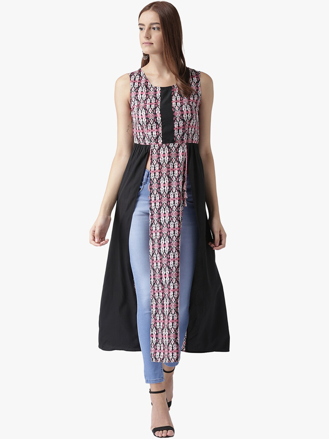 DODO & MOA Women Black Paisley Printed Hight Slit A-LineKurta