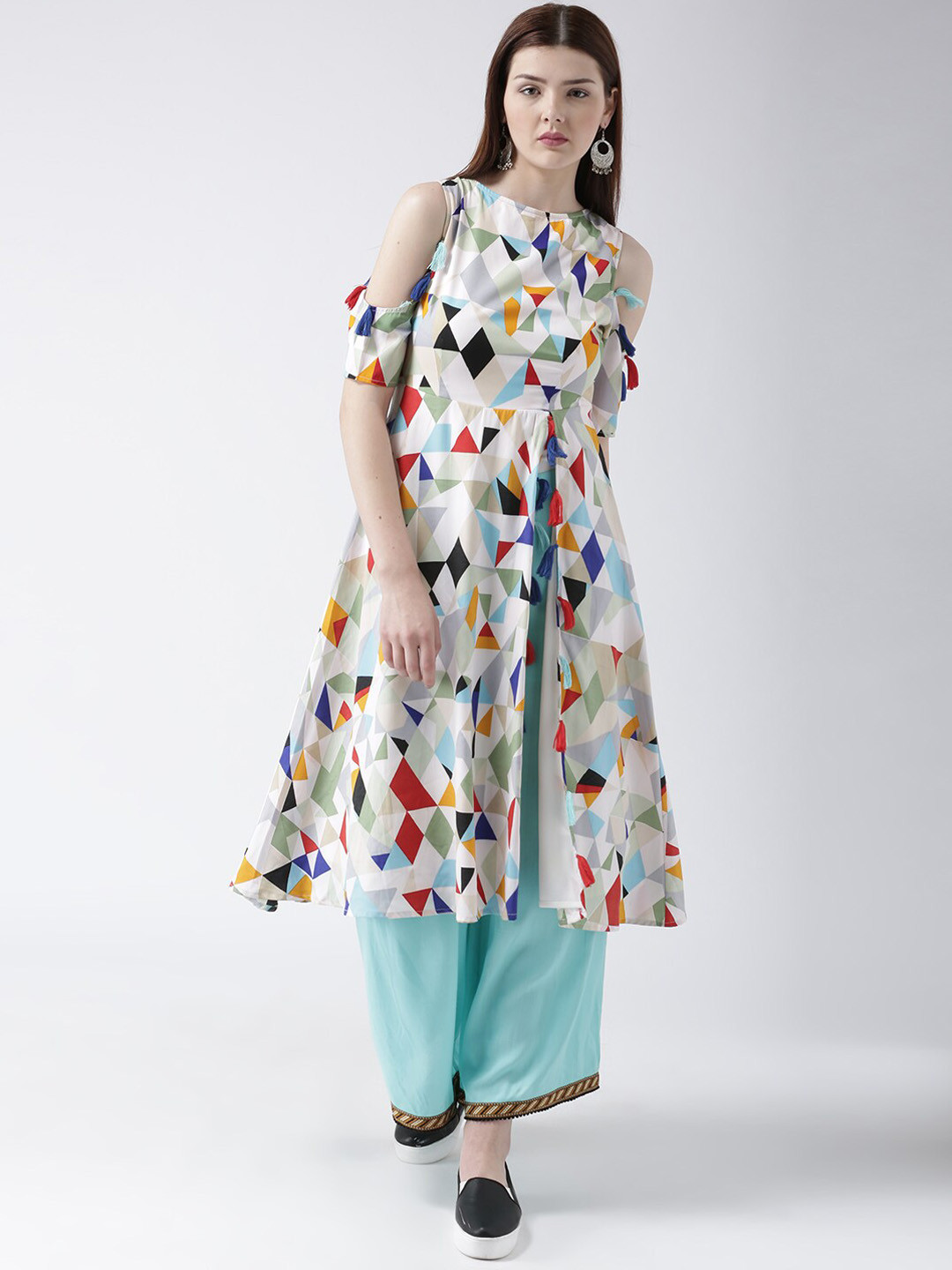 DODO & MOA Women Off White & Blue Geometric Printed Cold-Shoulder Sleeves Kurta
